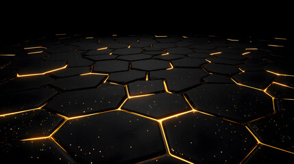 Obraz premium A dark, textured surface features glowing hexagonal patterns, creating a futuristic and visually striking design