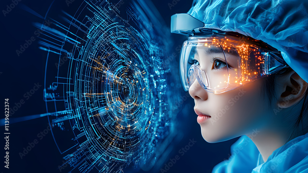 Poster a focused scientist in a lab coat and goggles observes a digital interface, symbolizing innovation i