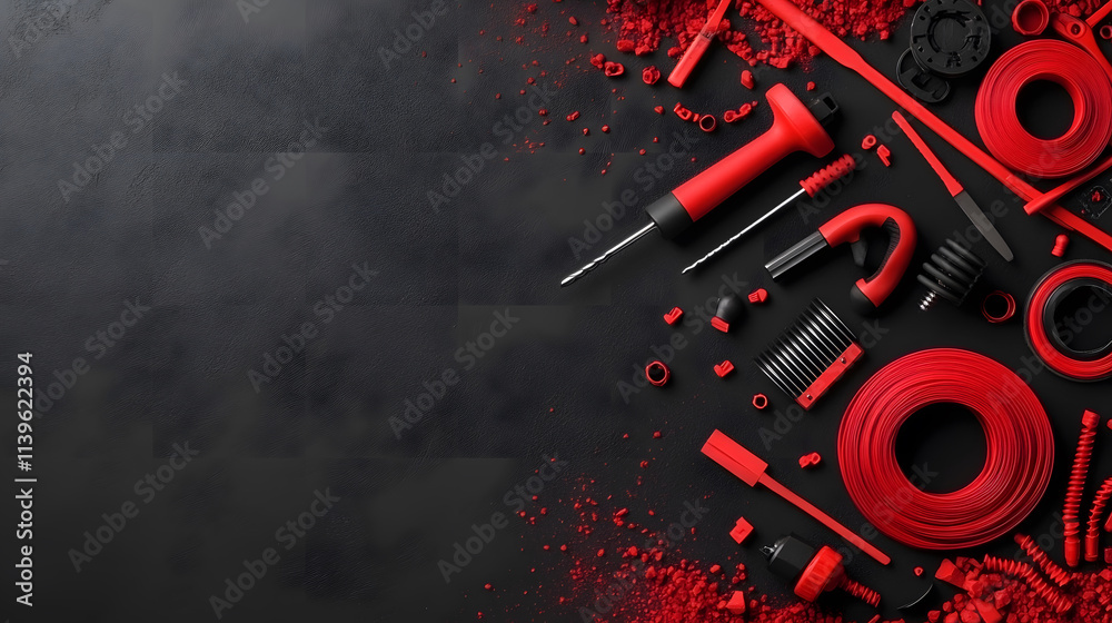 Poster a collection of red tools arranged on a dark surface, showcasing various instruments and accessories