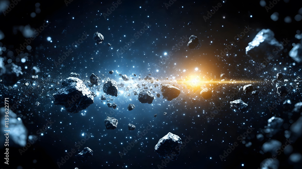 Poster a stunning cosmic scene showcasing asteroids drifting in the vastness of space, illuminated by a dis