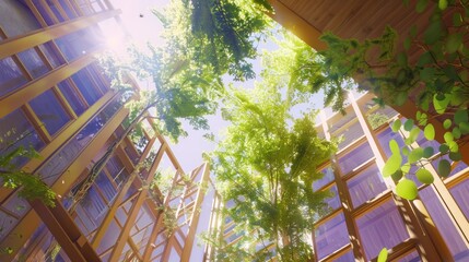 Sunlit urban courtyard with lush green trees and modern buildings.