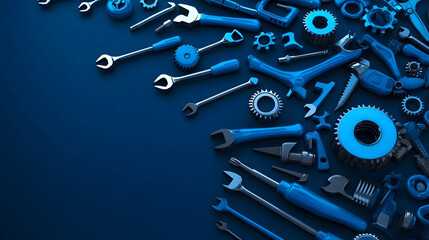 A collection of blue tools, including wrenches and gears, arranged artistically on a dark background, emphasizing craftsmanship and mechanical work
