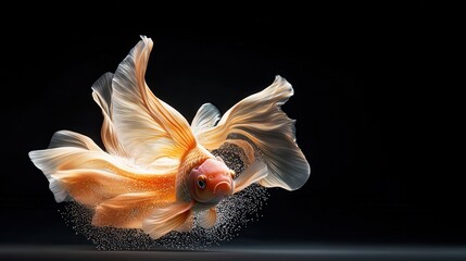 Fototapeta premium A detailed and artistic depiction of a goldfish swimming elegantly, with the focus on its flowing fins and shimmering scales under soft lighting