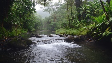 Obraz premium Misty Morning Stream in a Lush Hawaiian Rainforest. AI Generated