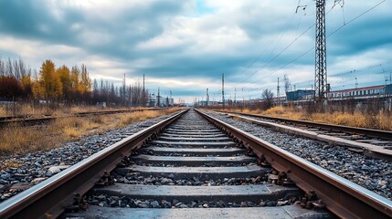 Fototapeta premium Empty Railroad Tracks Extending into the Distance. Concept of Journey, Destination, and Transportation.