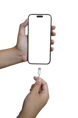 A person holding a phone with a white cord attached to it