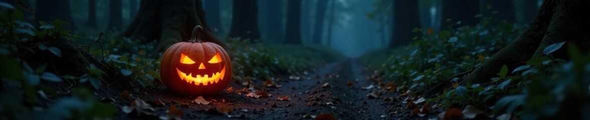 Carved pumpkin glowing in the darkness of a forest path, lantern glow, eerie ambiance, dark forest