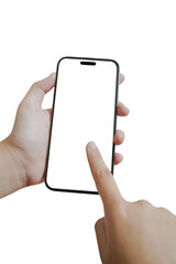 A person is holding a cell phone and pointing at the screen