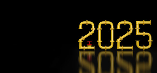 The numbers 2025 are made of yellow pipes and  red valve  on a black background. New year 2025. 3D render.