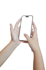 A person holding a cell phone with a white background