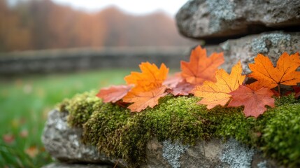 Autumn leaves on moss-covered stone wall.
