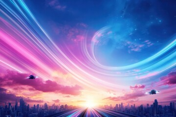 Futuristic Cityscape at Sunset with Colorful Light Trails and Flying Vehicles, Capturing the Essence of a Vibrant and Dynamic Urban Environment