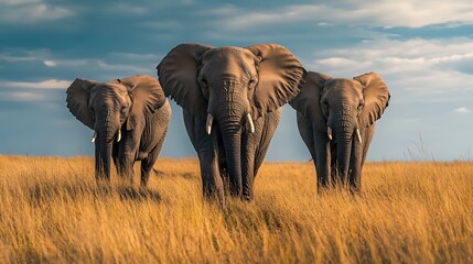 Obraz premium African Elephants in a Golden Savanna. Majestic Wildlife. Conservation.