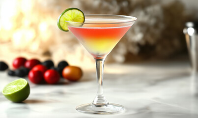 Cosmopolitan Cocktail with Lime Twist on White Background