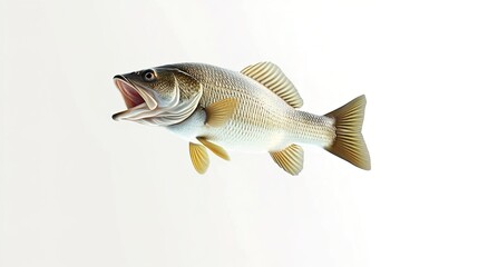 Image of an American largemouth bass fish in mid-air, full body, white background