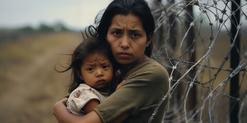 A refugee family at the border near a barbed wire barrier. Generative AI.