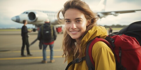 A happy young girl with a backpack behind her is standing at the airport near the plane. Generative AI.
