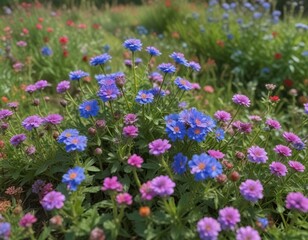 Ageratum blue in a meadow with Portulaca and empty space, flowers, portulaca