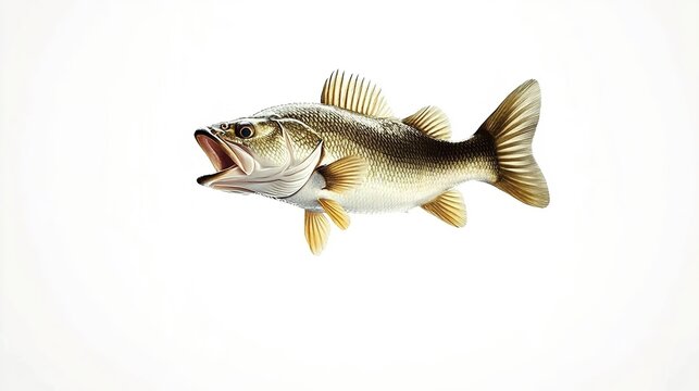 Image of an American largemouth bass fish in mid-air, full body, white background