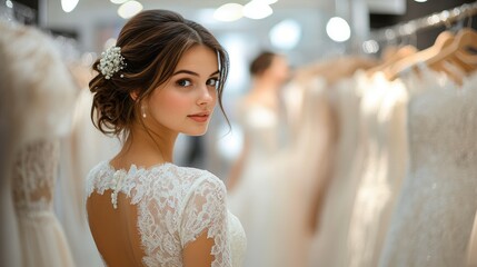 Naklejka premium Beautiful bride in lace wedding dress, looking over shoulder in bridal shop.