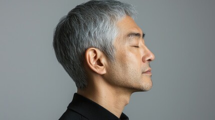 Fototapeta premium Photo of a mature, handsome Japanese man with gray hair, eyes closed in profile view on a gray background, with side lighting.generated ai 