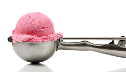 Pink ice cream scoop on silver utensil, isolated on white background.