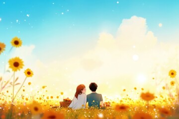 Romantic Couple Enjoying a Beautiful Picnic in a Vibrant Sunflower Field Under a Bright Blue Sky with Soft Clouds and Glowing Sunlight