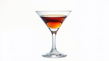 Photo of a dark brown cocktail in a martini glass, on a white background