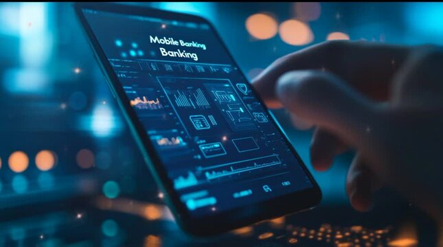 A mobile banking app and intuitive interface professional fintech solution, financial health on technology futuristic background 