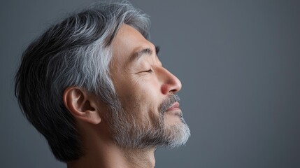 Fototapeta premium Photo of a mature, handsome Japanese man with gray hair, eyes closed in profile view on a gray background, with side lighting.generated ai 