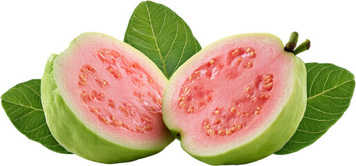 Fresh Pink Guava Fruit Halves with Green Leaves Tropical Food Healthy Eating