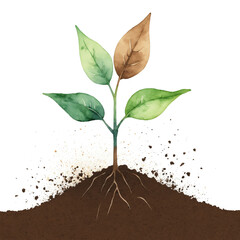 Watercolor young plant sprouting from rich soil