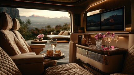Fototapeta premium Luxurious interior of a vehicle with plush seating, scenic view, and elegant decor.