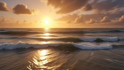 Fototapeta premium A serene ocean scene with waves glistening in the warm glow of bright golden light showers, bright golden light showers, peaceful atmosphere