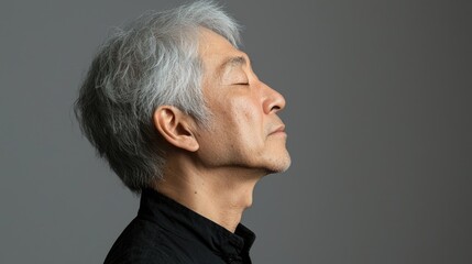 Fototapeta premium Photo of a mature, handsome Japanese man with gray hair, eyes closed in profile view on a gray background, with side lighting.generated ai 