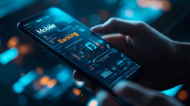 A mobile banking app and intuitive interface professional fintech solution, financial health on technology futuristic background 