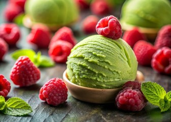 Matcha Raspberry Ice Cream Delight: Medium Shot Photography