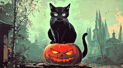 enchanting black cat with glowing green eyes on a pumpkin: perfect poster for halloween home decor or spooky sporting events!