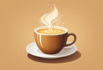 Obraz premium Steaming brown coffee cup with saucer and golden glow 