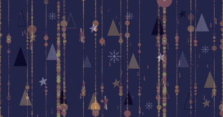 Image of falling christmas lights over snowflakes and trees on navy background