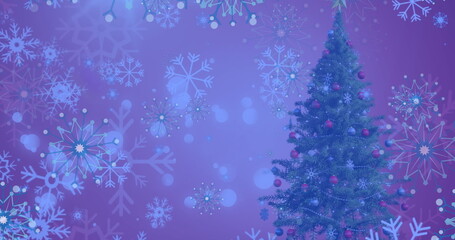 Image of snow falling over christmas tree in winter scenery