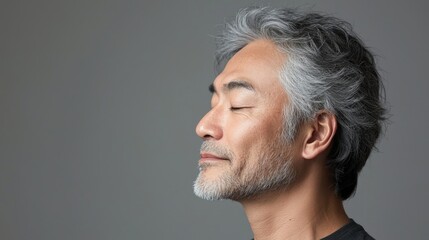 Fototapeta premium Photo of a mature, handsome Japanese man with gray hair, eyes closed in profile view on a gray background, with side lighting.generated ai 