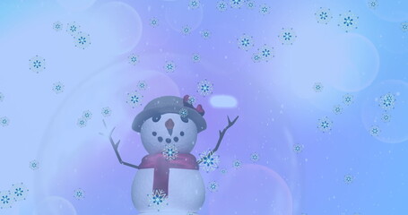 Image of snowflake icons falling over snowwoman icon against spots of light on blue background