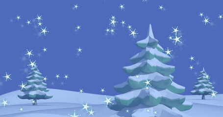 Obraz premium Image of shining star icons falling over trees on winter landscape with copy space