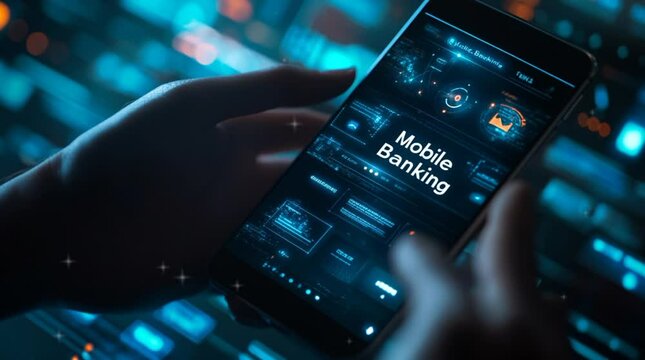 A mobile banking app and intuitive interface professional fintech solution, financial health on technology futuristic background 