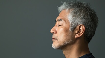 Fototapeta premium Photo of a mature, handsome Japanese man with gray hair, eyes closed in profile view on a gray background, with side lighting.generated ai 