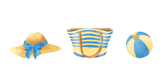 Set of watercolor beach holiday accessories. Vector women's illustrations of bag, straw hat and ball