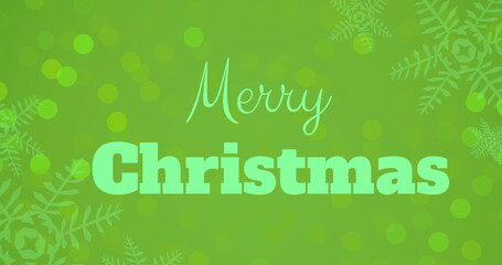 Image of merry christmas text banner over snowflake icons and spots of light on green background