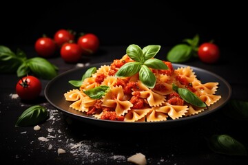 A plate of spaghetti with basil and tomatoes