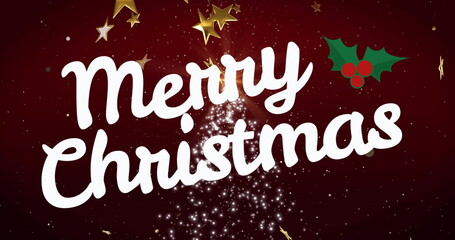 Image of merry christmas text over stars and lens flare tree over red background
